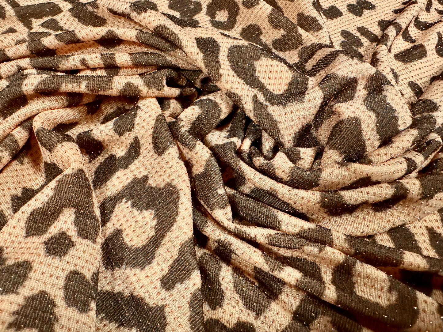 Metallic slinky spandex stretch jersey fabric with gold lurex, per metre - cheetah animal print - nude & brown