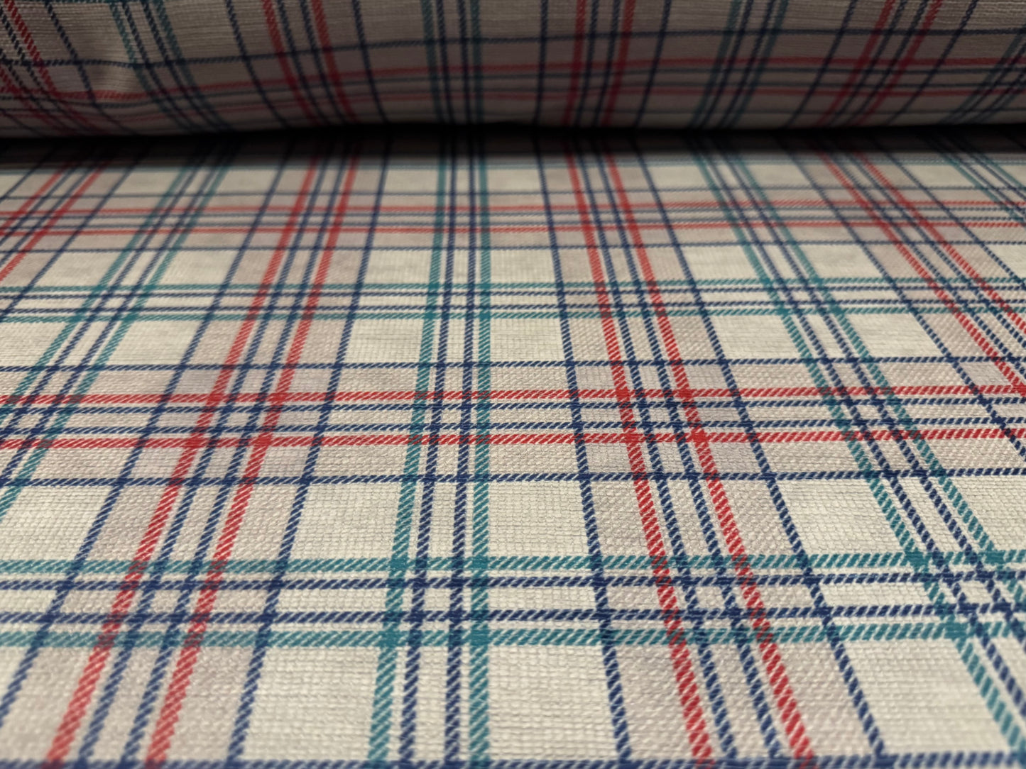 Chenille upholstery fabric, per metre - plaid check print - stone red & emerald