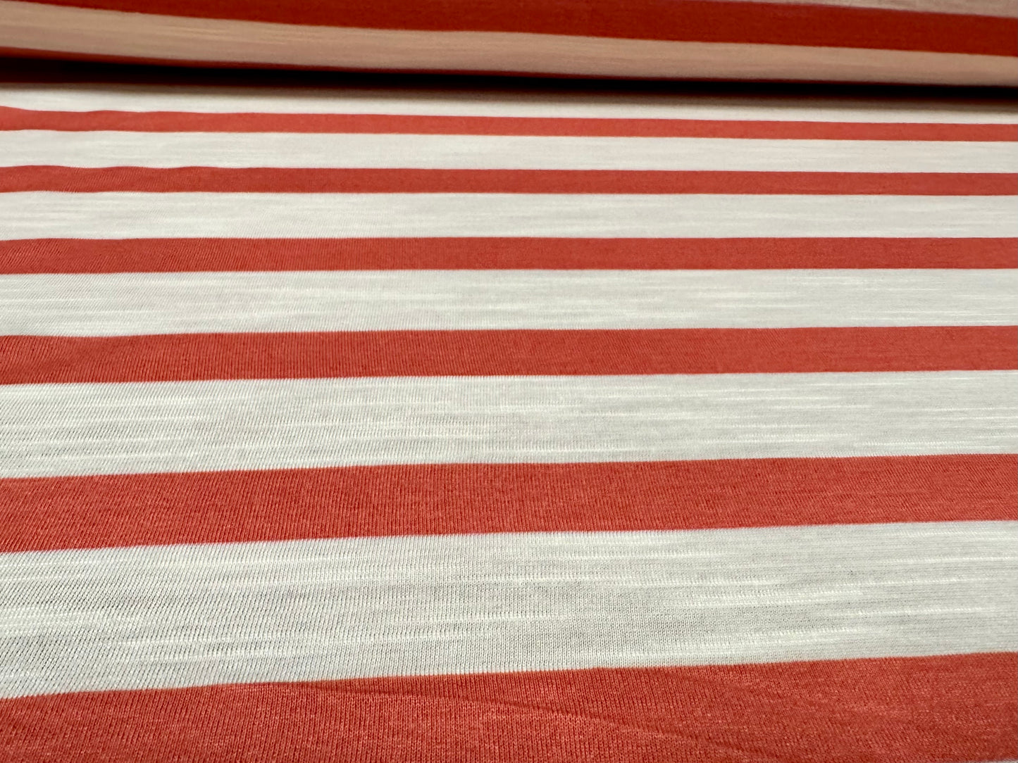 Soft handle single jersey fabric, per metre - slub stripe - coral & ivory