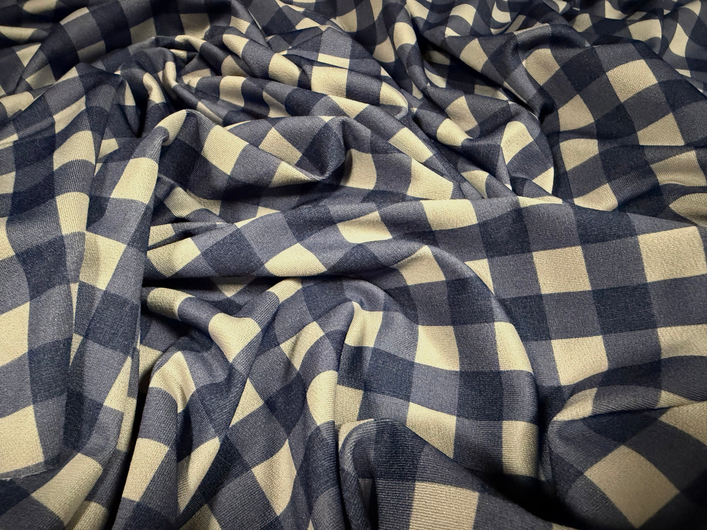 Stretch spandex crepe jersey fabric, per metre - gingham print - blue & grey