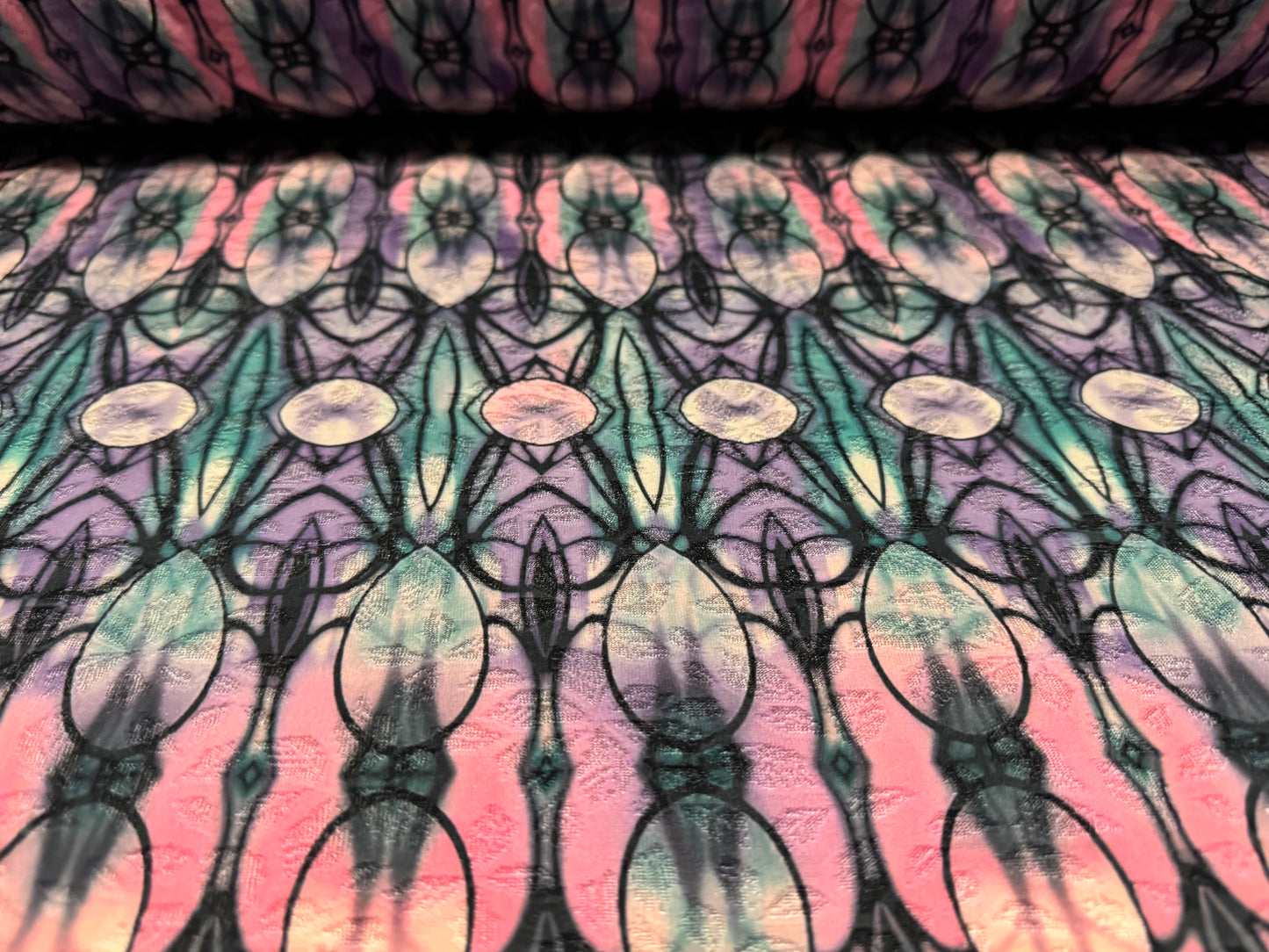 Stretch spandex jersey jacquard fabric, per metre - Art deco print - pink & aqua