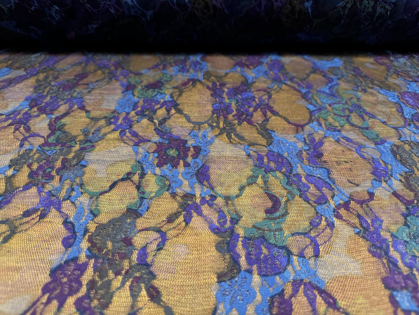 Stretch spandex mesh lace fabric, per metre - flower print - blue purple & green
