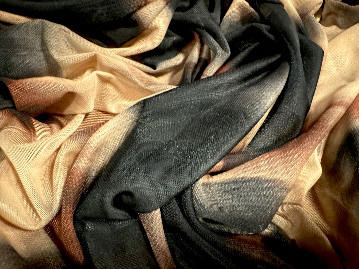 Power mesh net stretch spandex fabric, per metre - moody tie dye print - brown & cream