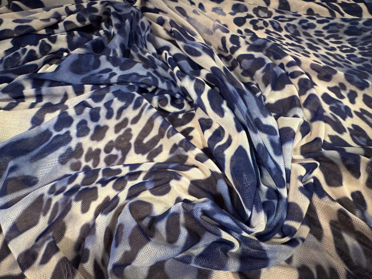 Power mesh net stretch spandex fabric, per metre - leopard print - blue & cream