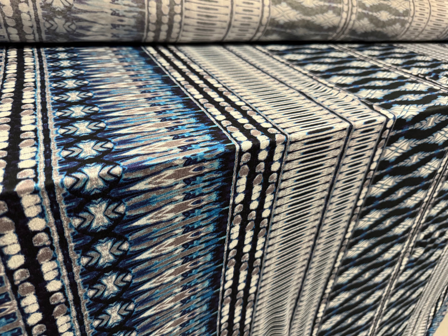 Viscose spandex stretch single jersey fabric, per metre - stylised Aztec print - petrol blue