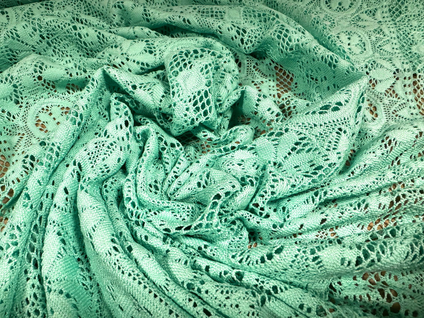 Soft handle crochet lace knit fabric, per metre - mint green