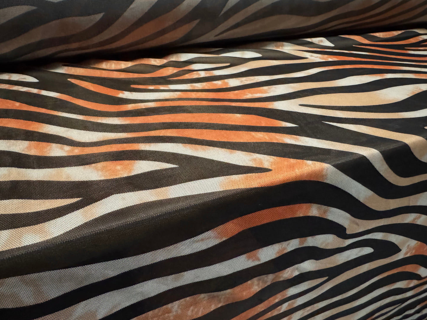 Power mesh net stretch spandex fabric, per metre - zebra animal print - Orange & black