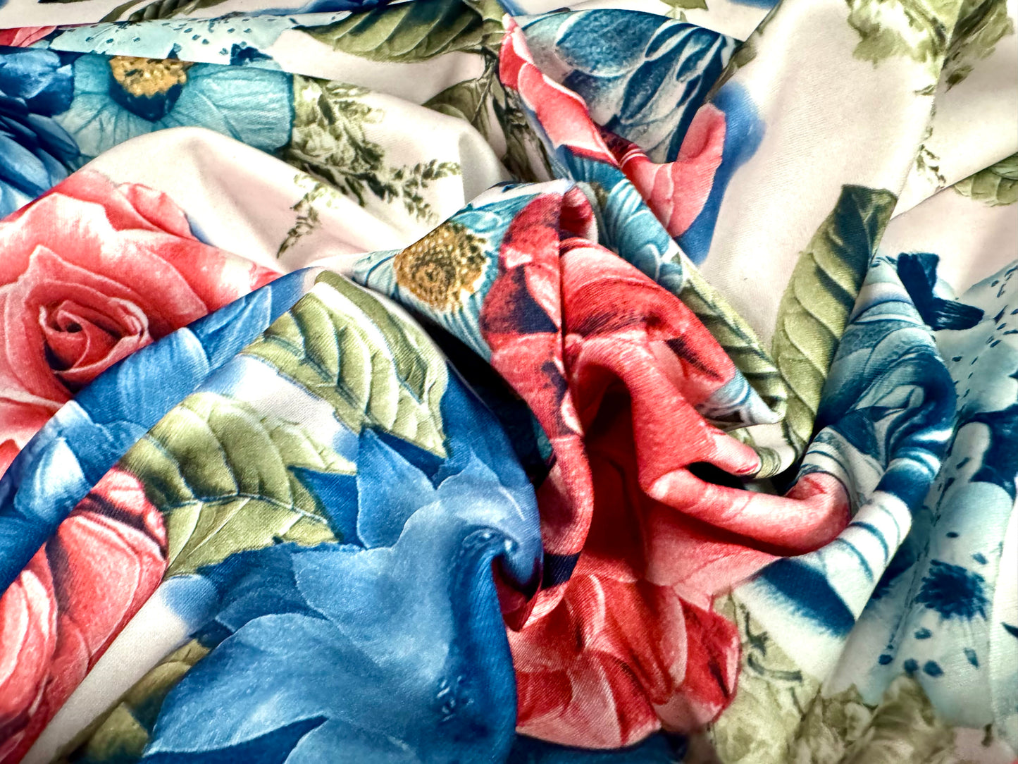 Scuba stretch spandex double jersey fabric, per metre - floral bouquet print - blue pink & white
