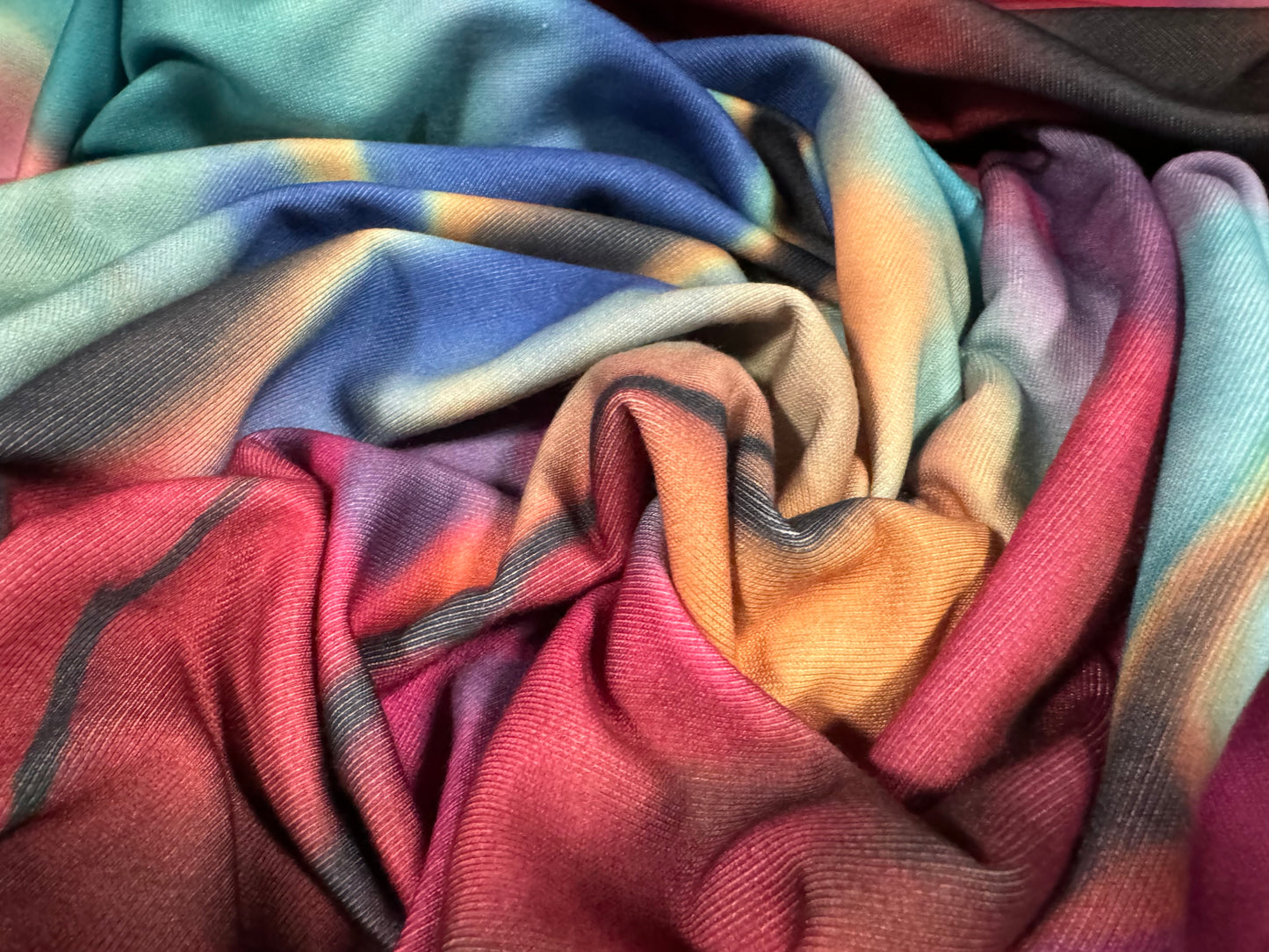 French Terry loopback sweatshirt jersey fabric, per metre - abstract swirl print - turquoise & magenta