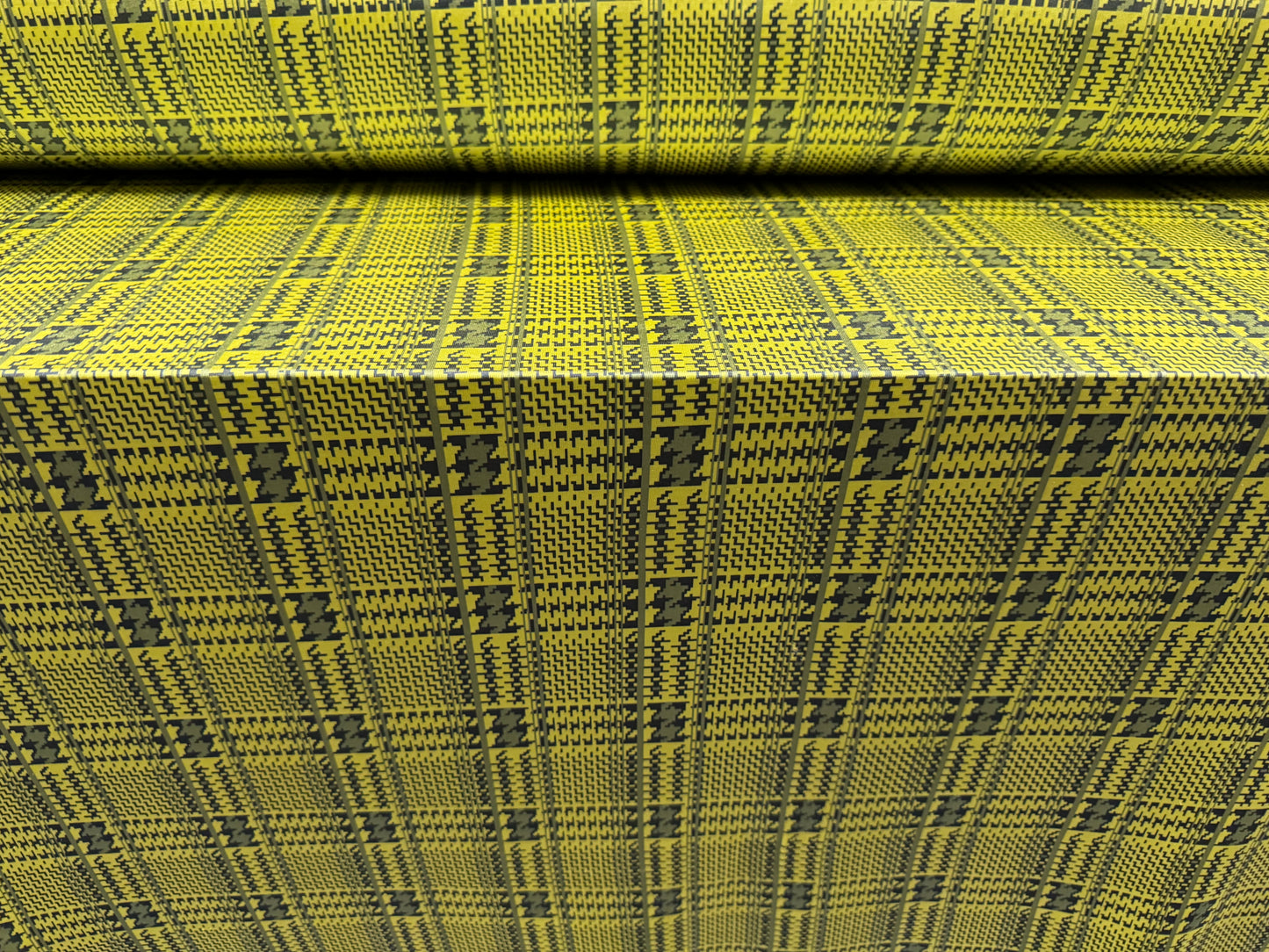 Soft touch stretch spandex single jersey fabric, per metre - houndstooth check print - lemon & blue-grey