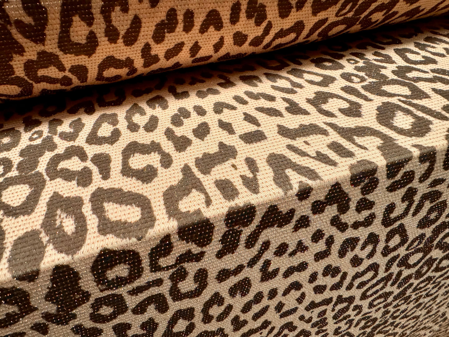 Metallic slinky spandex stretch jersey fabric with gold lurex, per metre - cheetah animal print - nude & brown