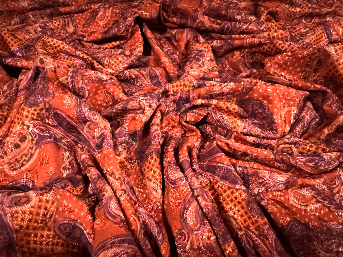 Stretch spandex jersey jacquard fabric, per metre - paisley print - burnt orange & purple
