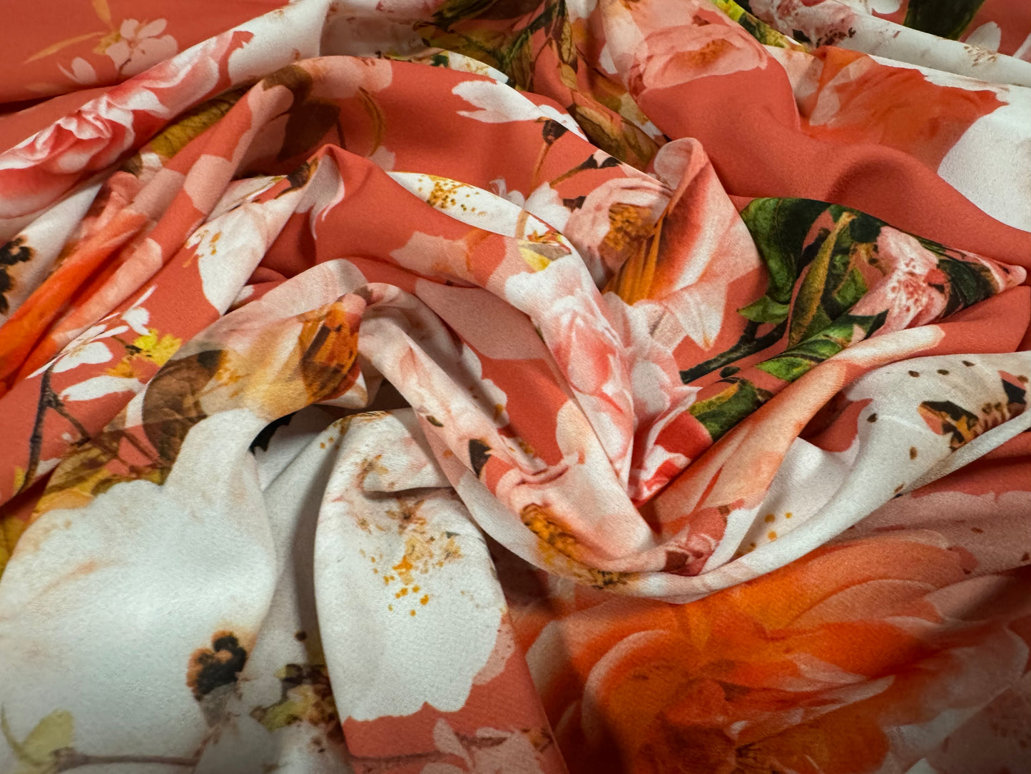 Georgette dress blouse fabric, per metre - flower blossom print - coral