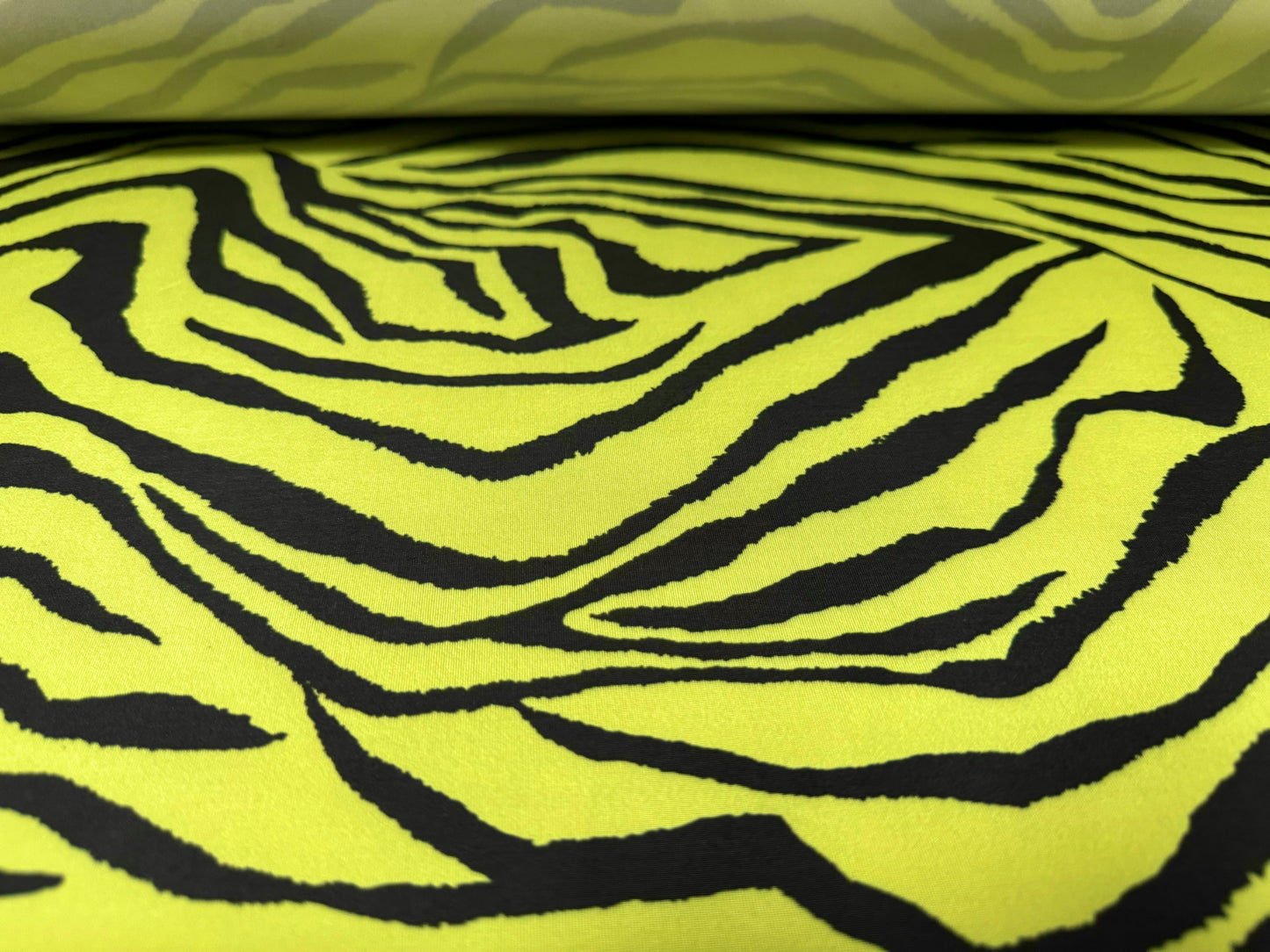 Soft touch stretch spandex single jersey fabric, per metre - zebra animal print - lime