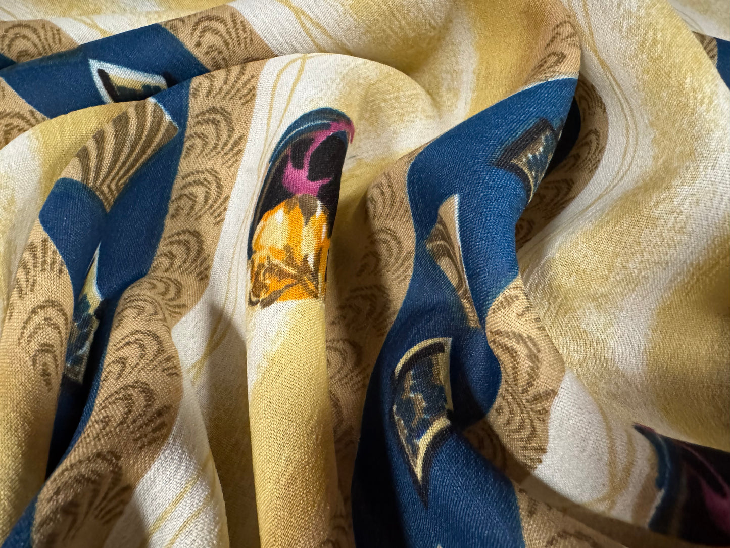 Georgette woven dress fabric, per metre - tulip stripe print - blue & gold