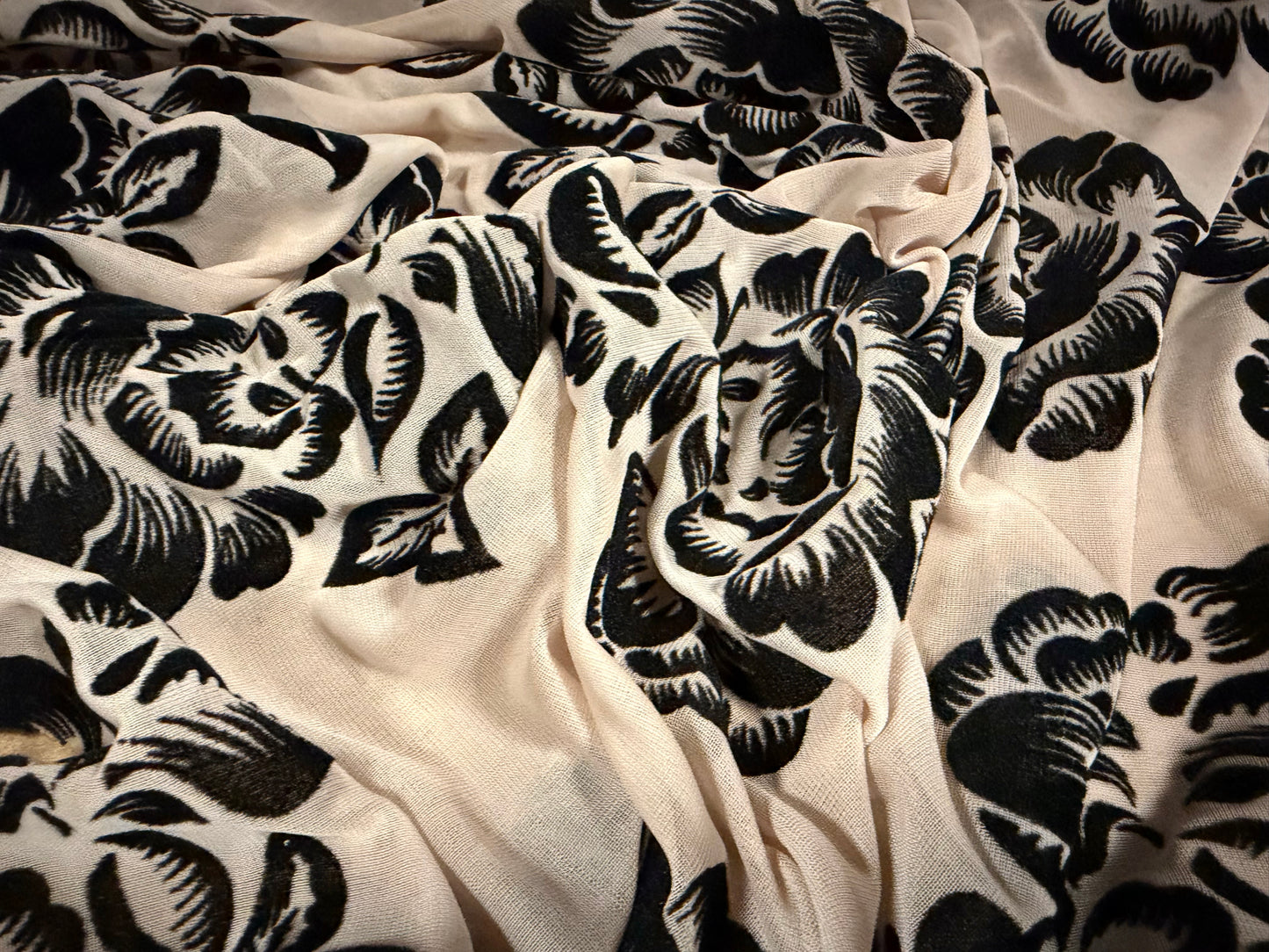 Chiffon jersey fashion fabric, per metre - flocked rose print - stone
