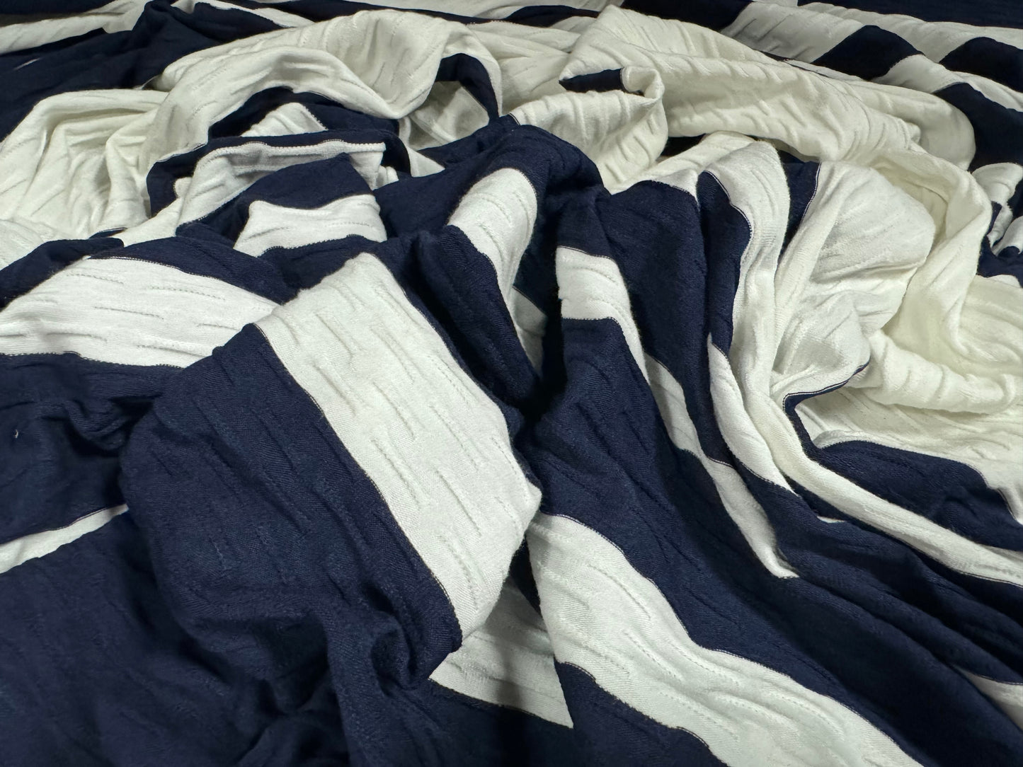 Stretch double jersey fashion fabric, per metre - stripe jacquard - navy blue & white