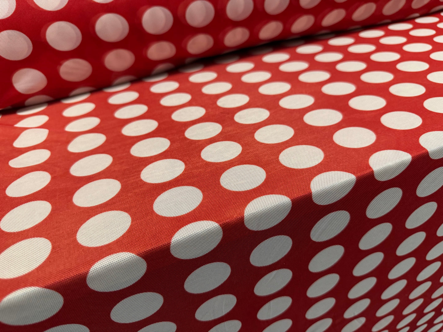 Power mesh net stretch spandex fabric, per metre - polka dot print - red & white