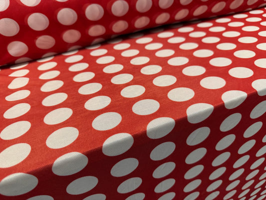Power mesh net stretch spandex fabric, per metre - polka dot print - red & white