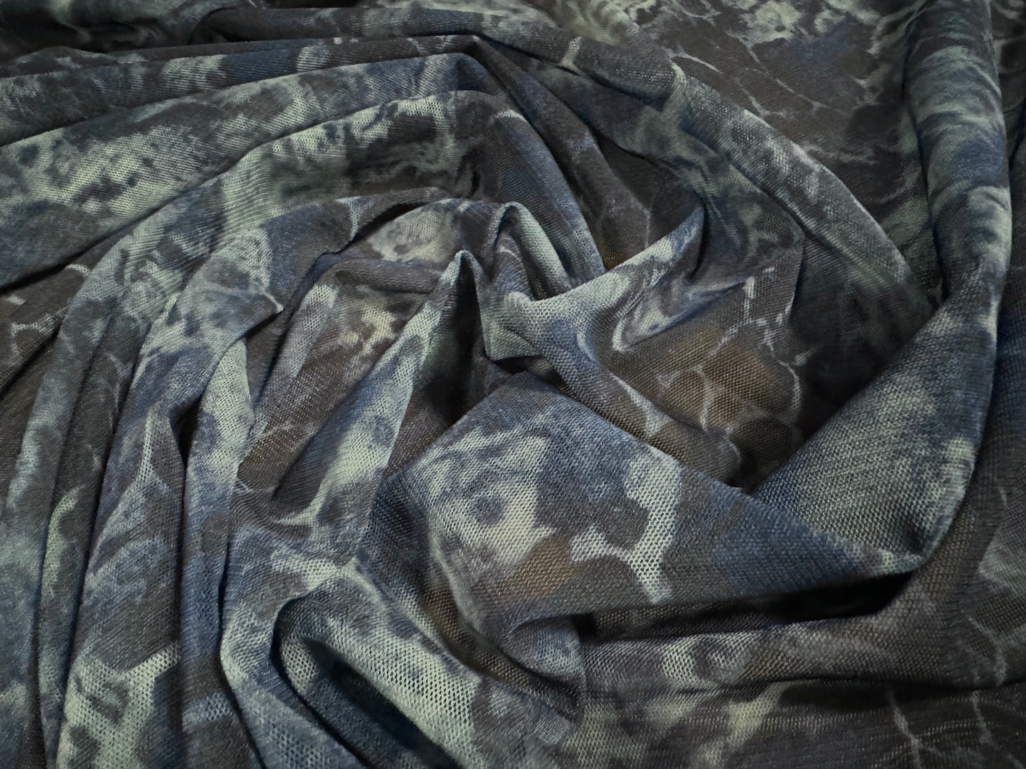 Power mesh crepe stretch spandex fabric, per metre - stylised animal print - blue