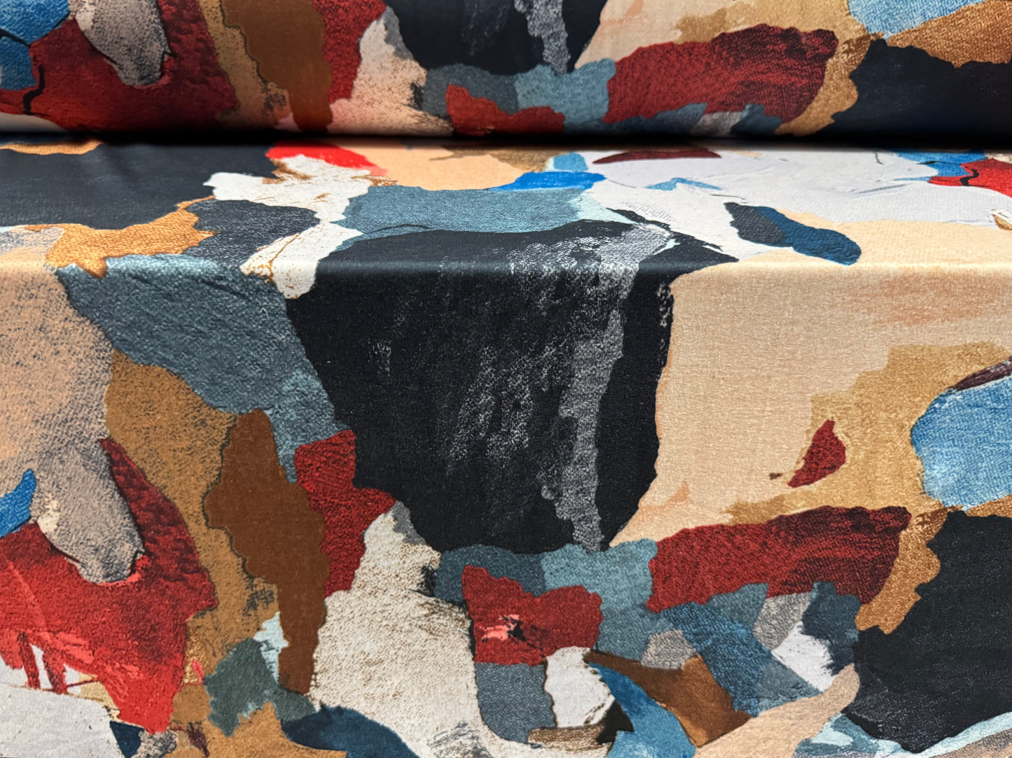 Stretch spandex interlock jersey fabric, per metre - sbstract patchwork print - multicolour