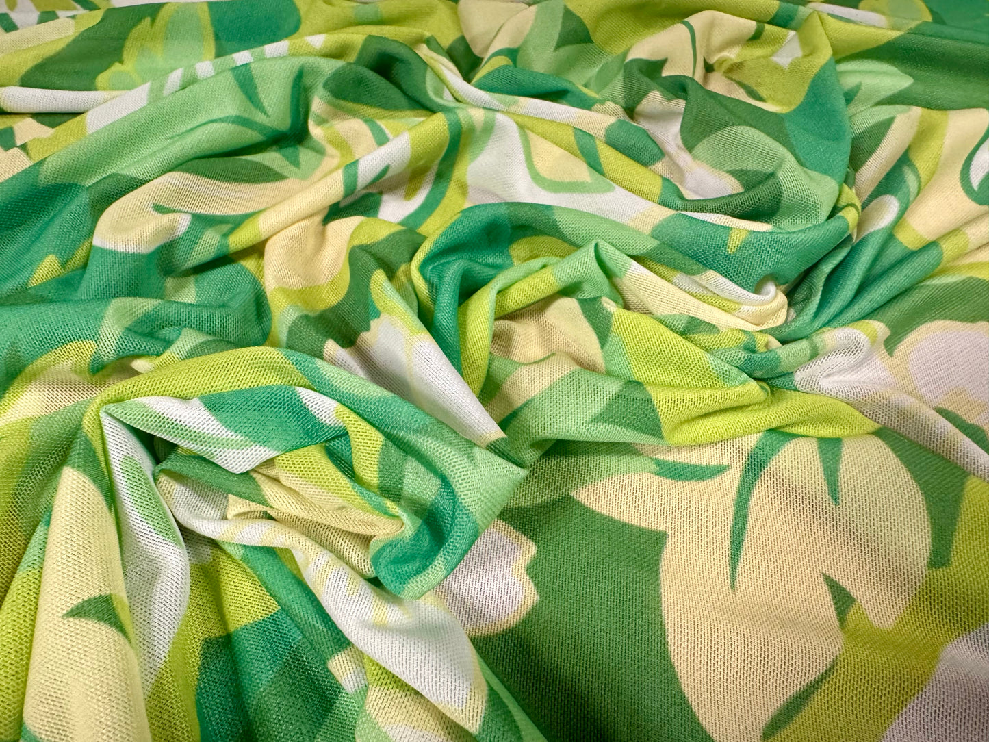 Power mesh net stretch spandex fabric, per metre - retro floral print - green