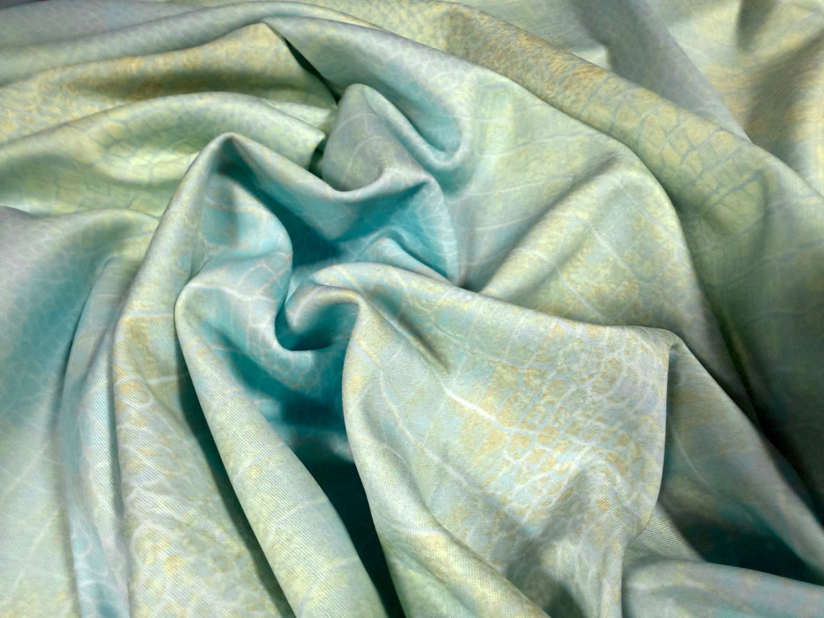 Scuba crepe stretch double jersey fabric, per metre - distressed crocodile print - turquoise & lemon