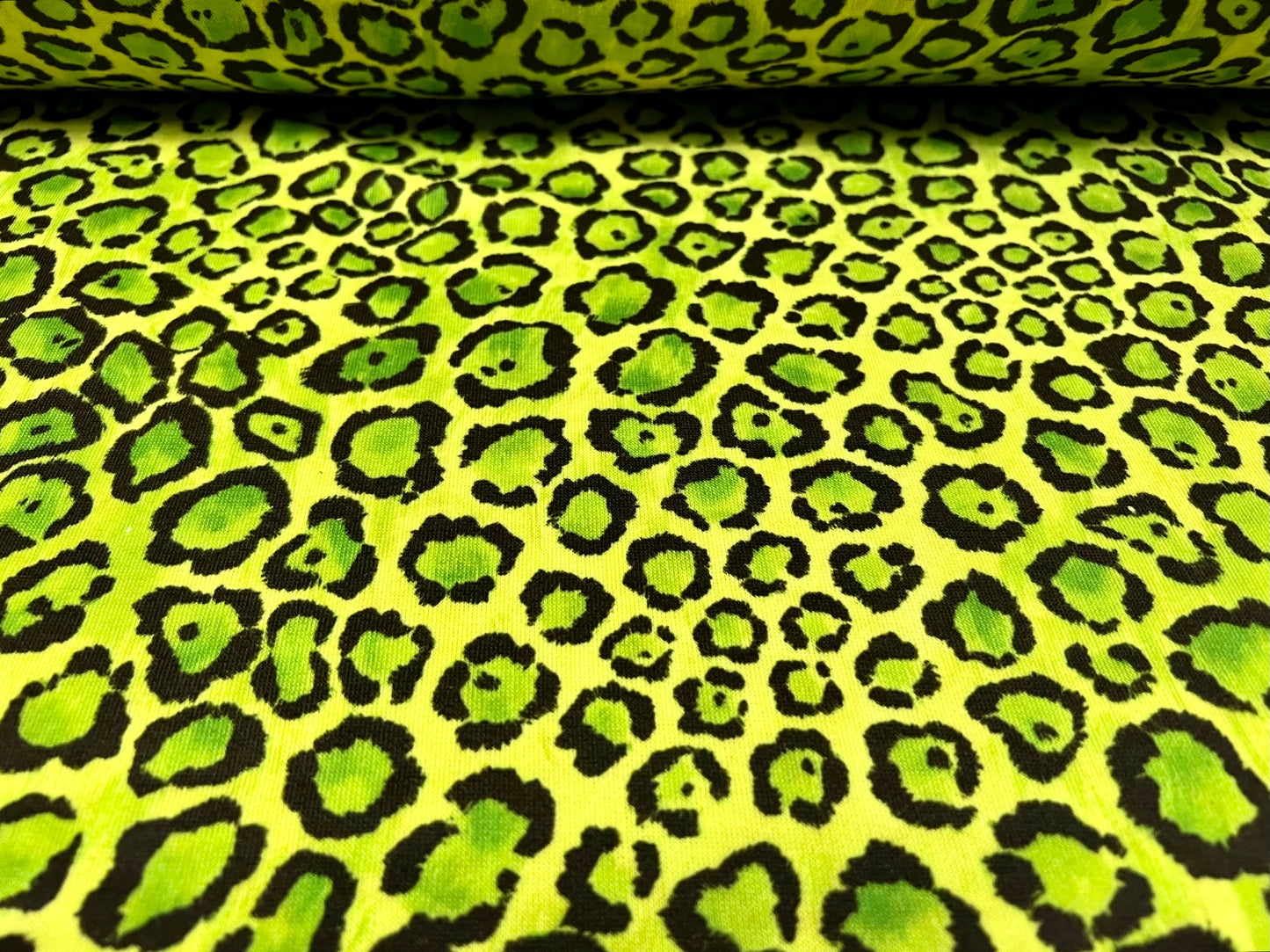 French Terry loopback sweatshirt jersey fabric, per metre - cheetah animal print - lime green