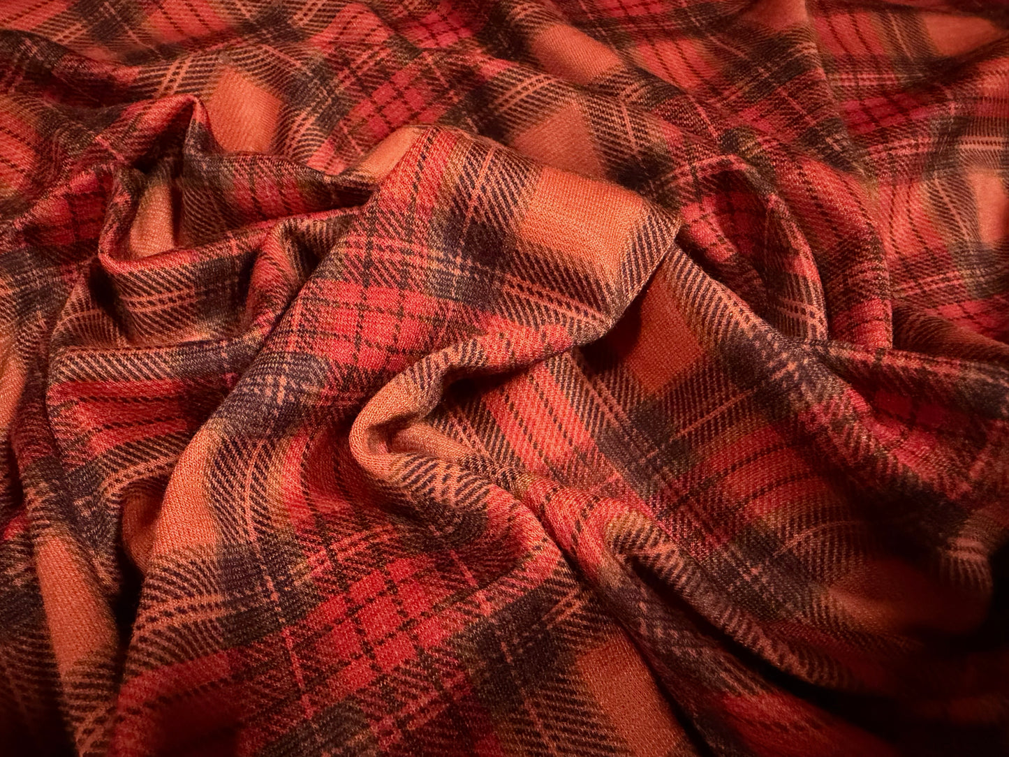 Ponte Roma double jersey knit fabric, per metre - tartan check print - rust