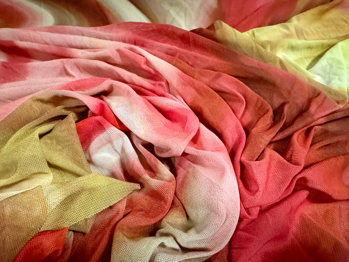 Power mesh net stretch spandex fabric, per metre - jumbo swirl print - cerise gold & sage