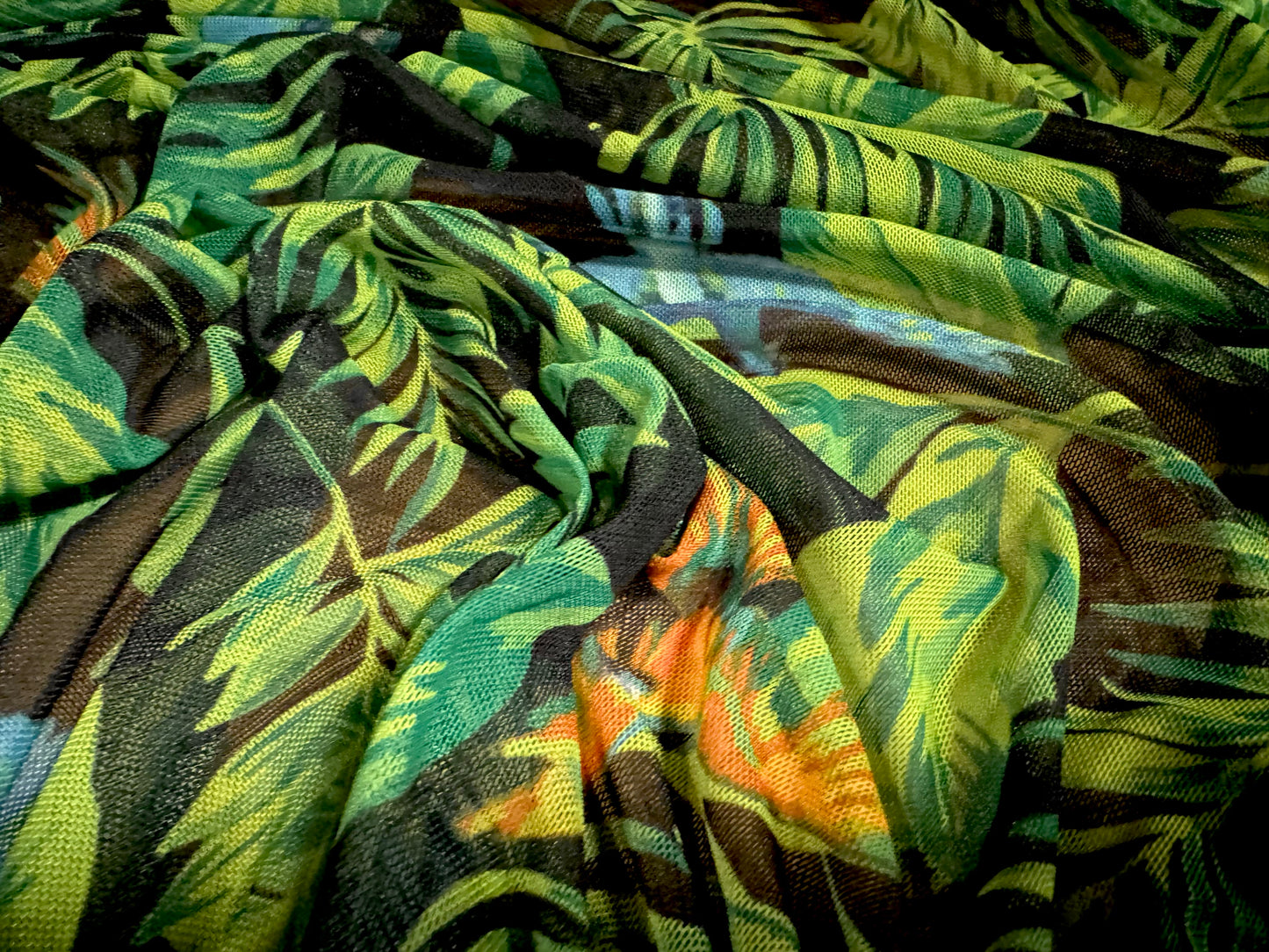 Power mesh net stretch spandex fabric, per metre - parrots in the rainforest - multicolour