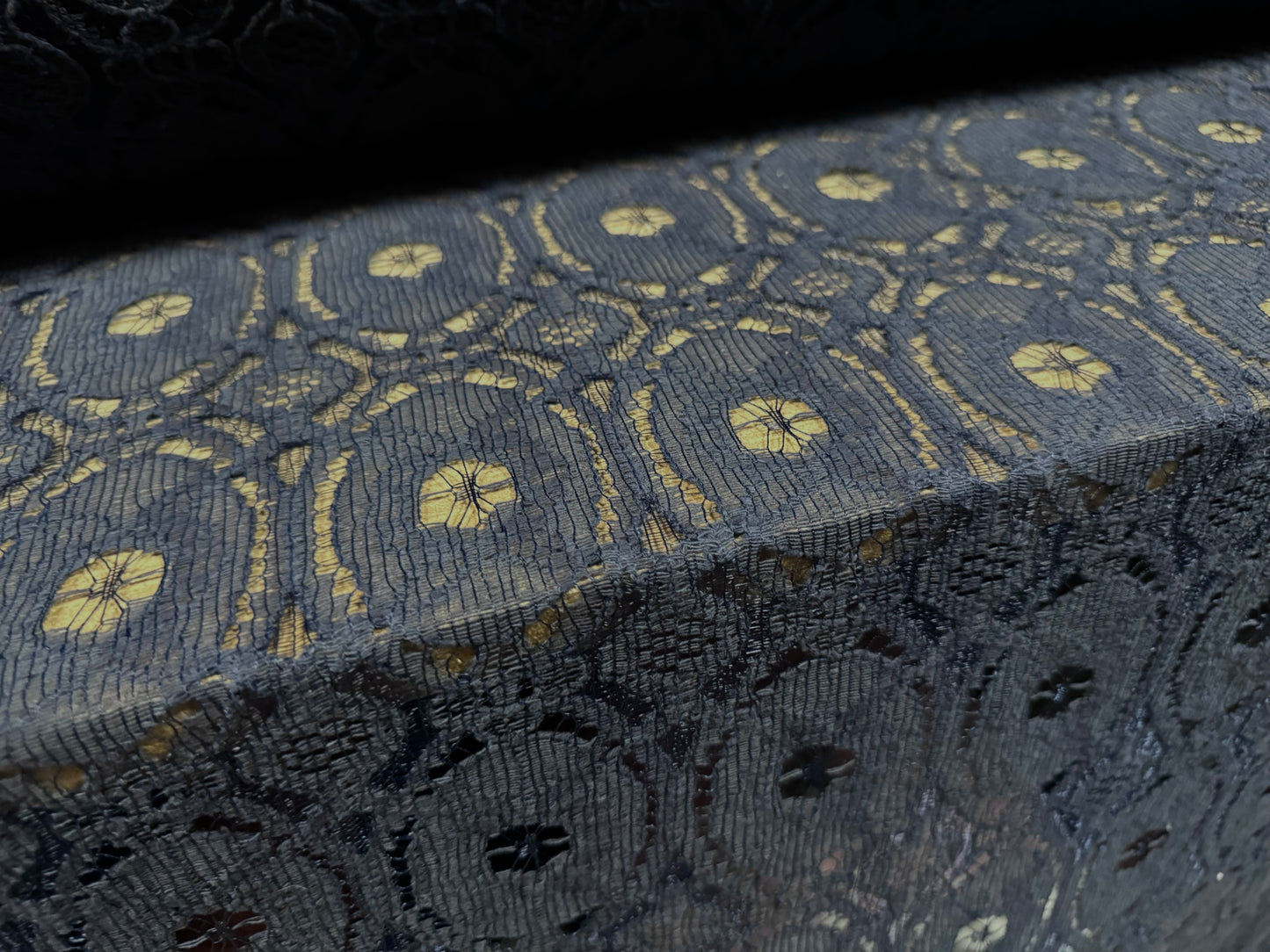 Cotton lace dress fabric, per metre - damask circles design - indigo blue