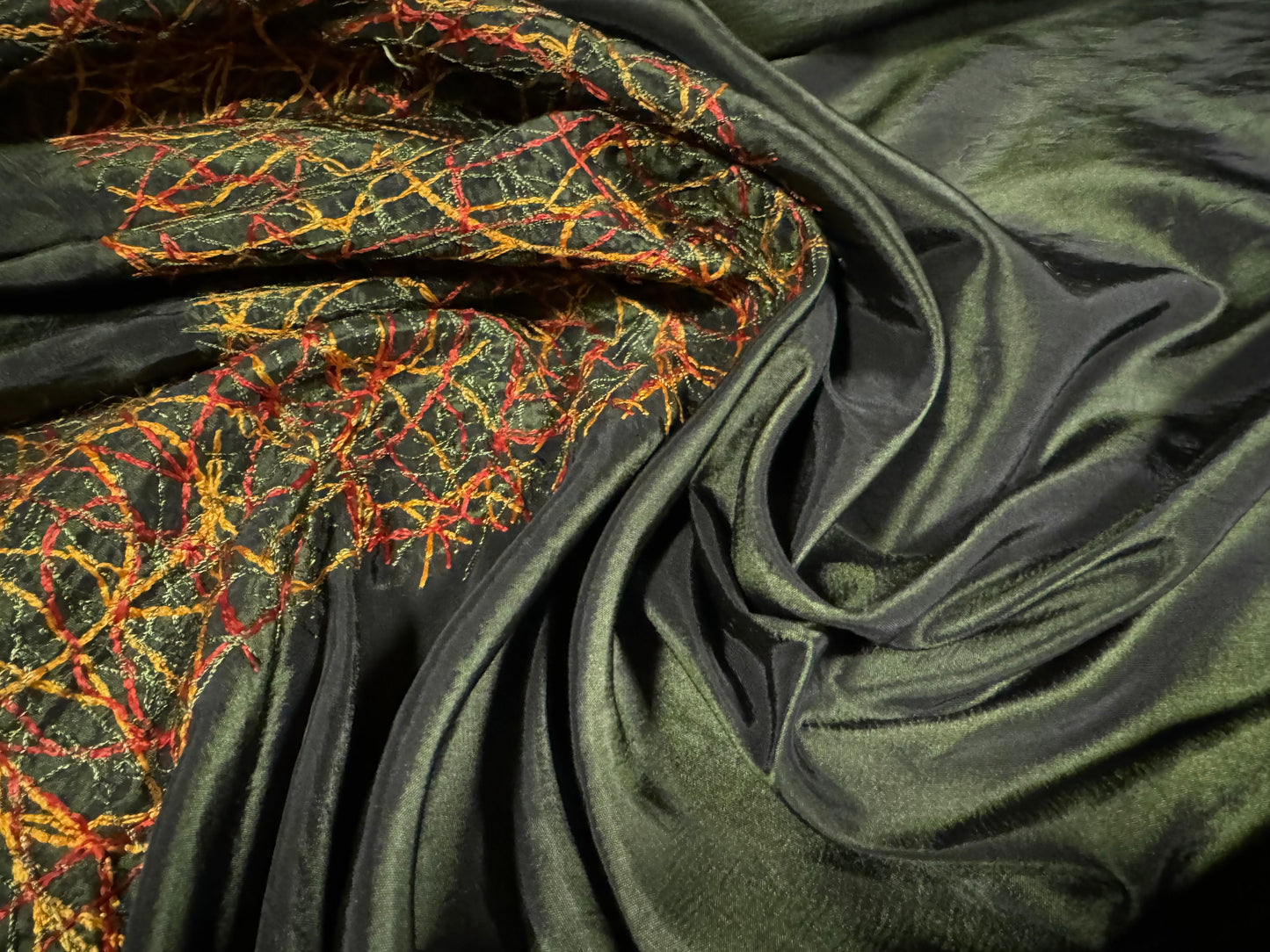 Taffeta faux silk fabric, per metre - scribble embroidered double border - dark green