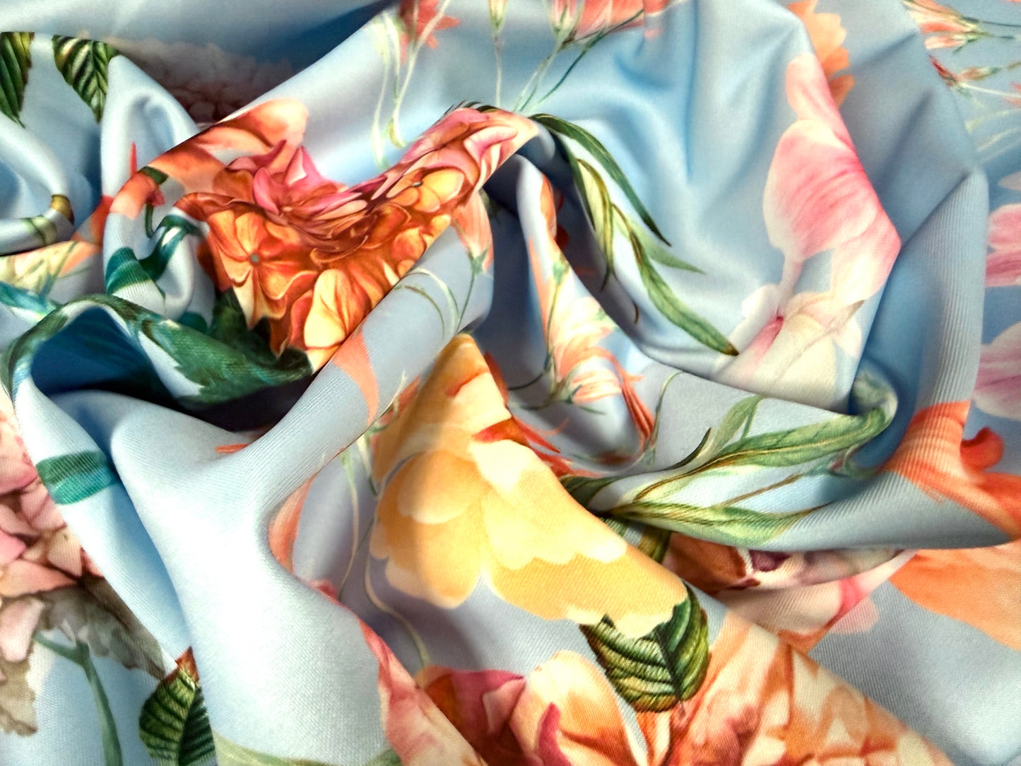 Scuba stretch spandex double jersey fabric, per metre - carnation floral print - sky blue
