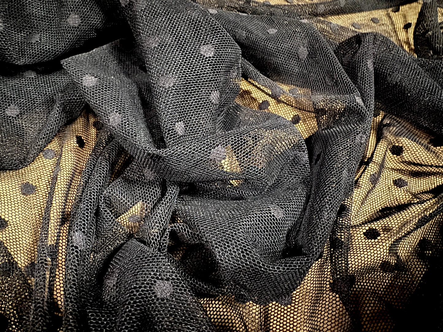 Power mesh net stretch spandex fabric, per metre - spots - black on black