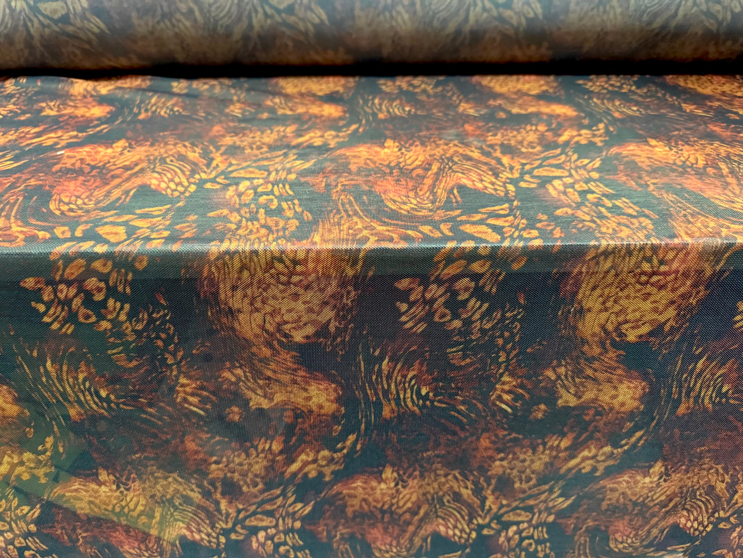 Power mesh net stretch spandex fabric, per metre - animal swirl print - orange & black
