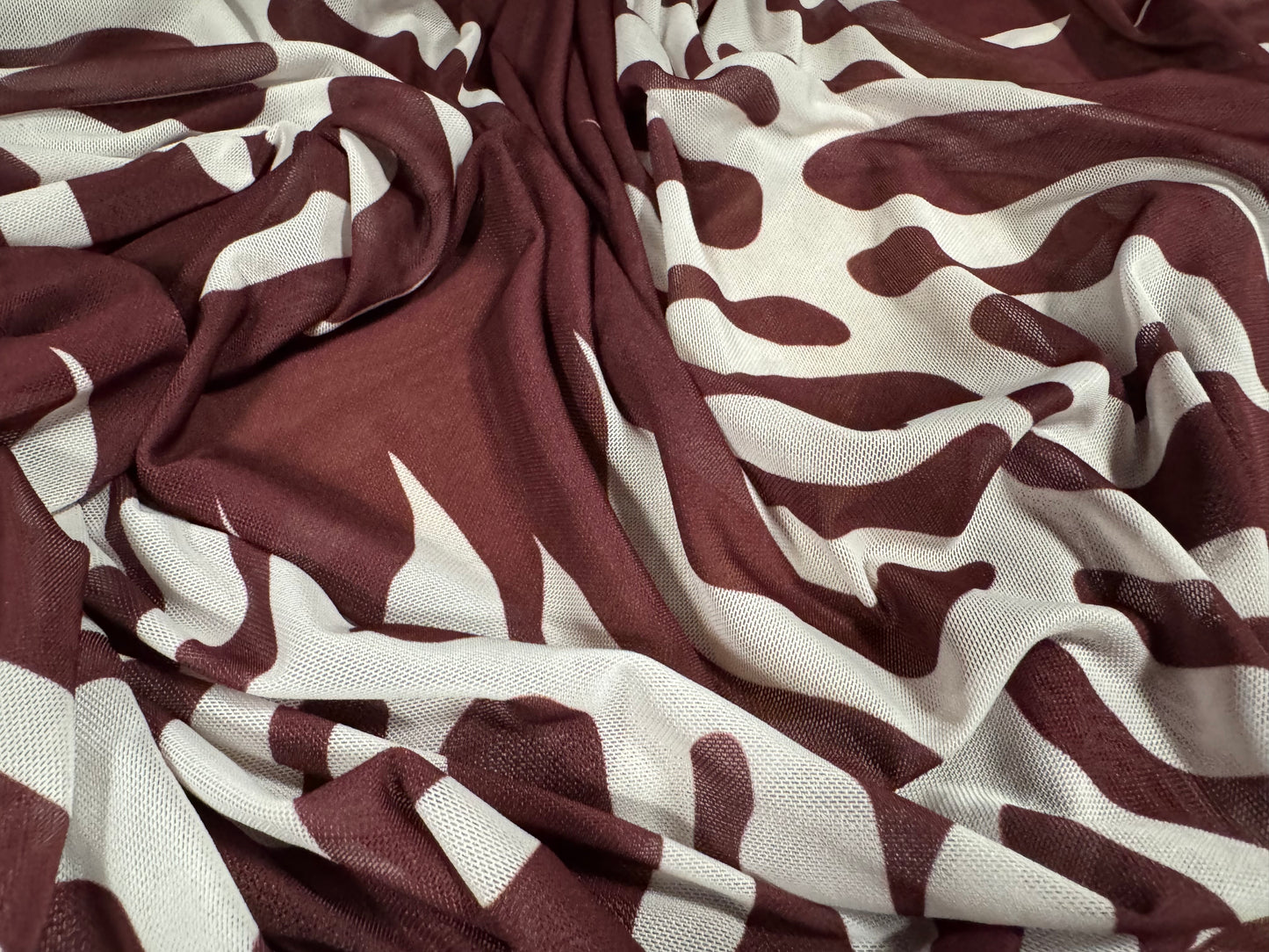 Power mesh net stretch spandex fabric, per metre - flame tattoo print - mulberry