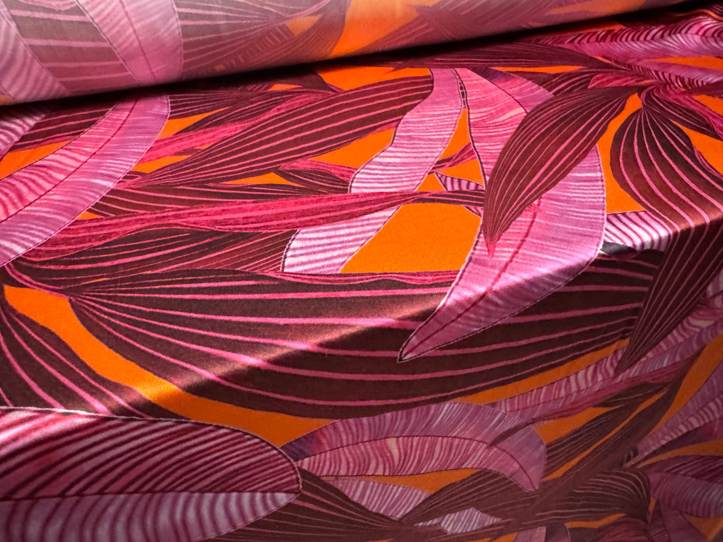 Dulled Satin woven dress fabric, per metre - leaves print - pink & orange