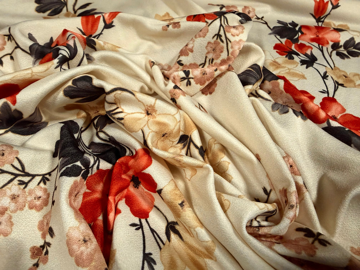 Stretch spandex crepe single jersey fabric, per metre - blossom print - cream