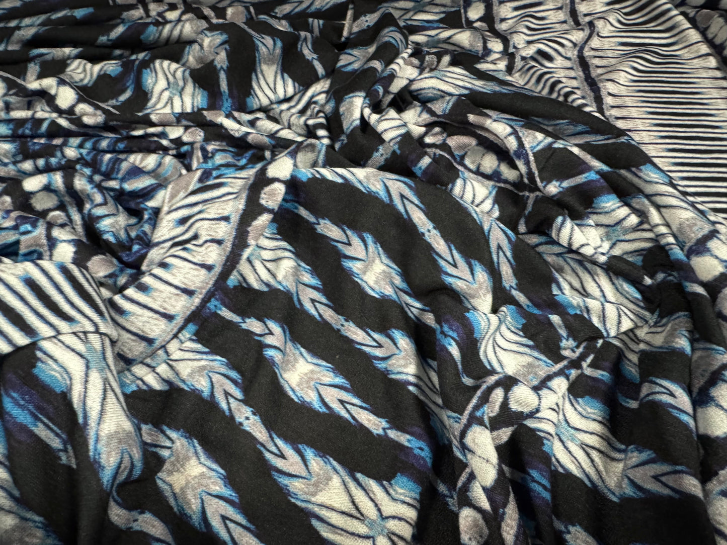 Viscose spandex stretch single jersey fabric, per metre - stylised Aztec print - petrol blue