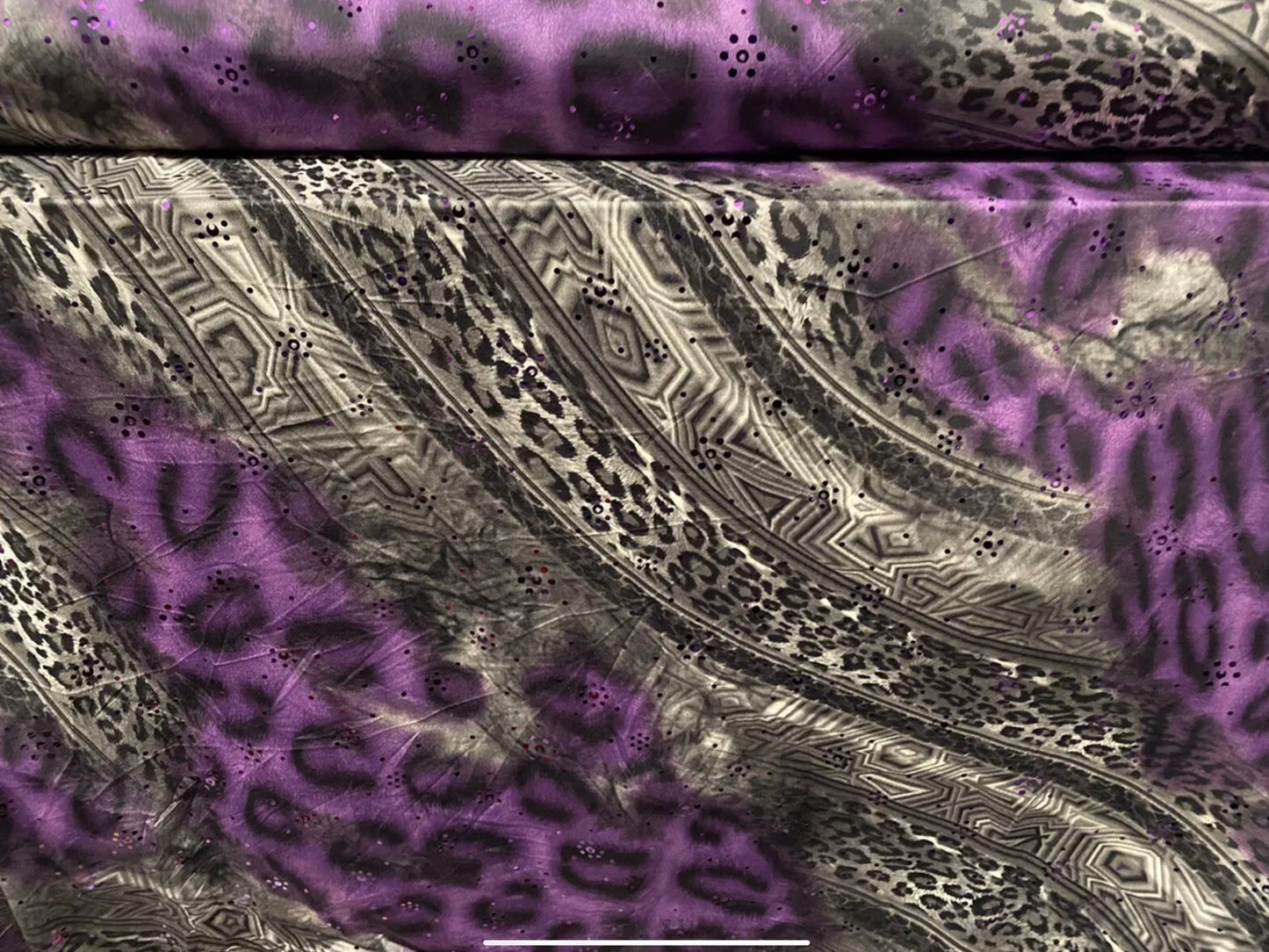 Stretch spandex single jersey fabric, per metre - stylised leopardskin swirl print with sequins - purple & grey