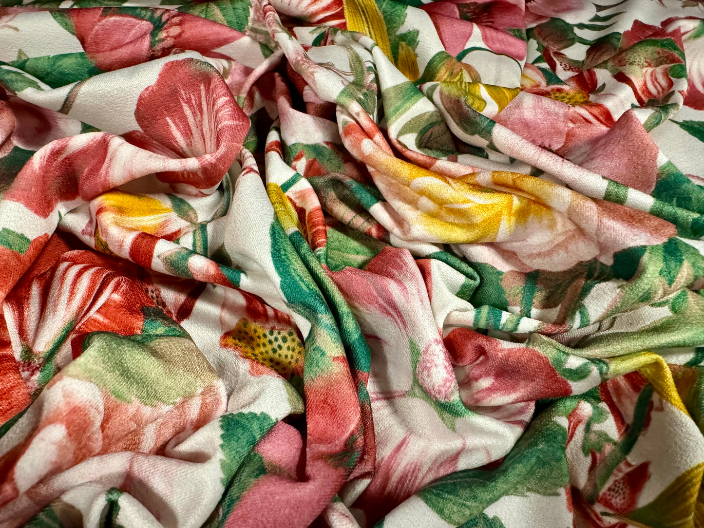 Stretch spandex crepe single jersey fabric, per metre - flower emporium print - pink & green