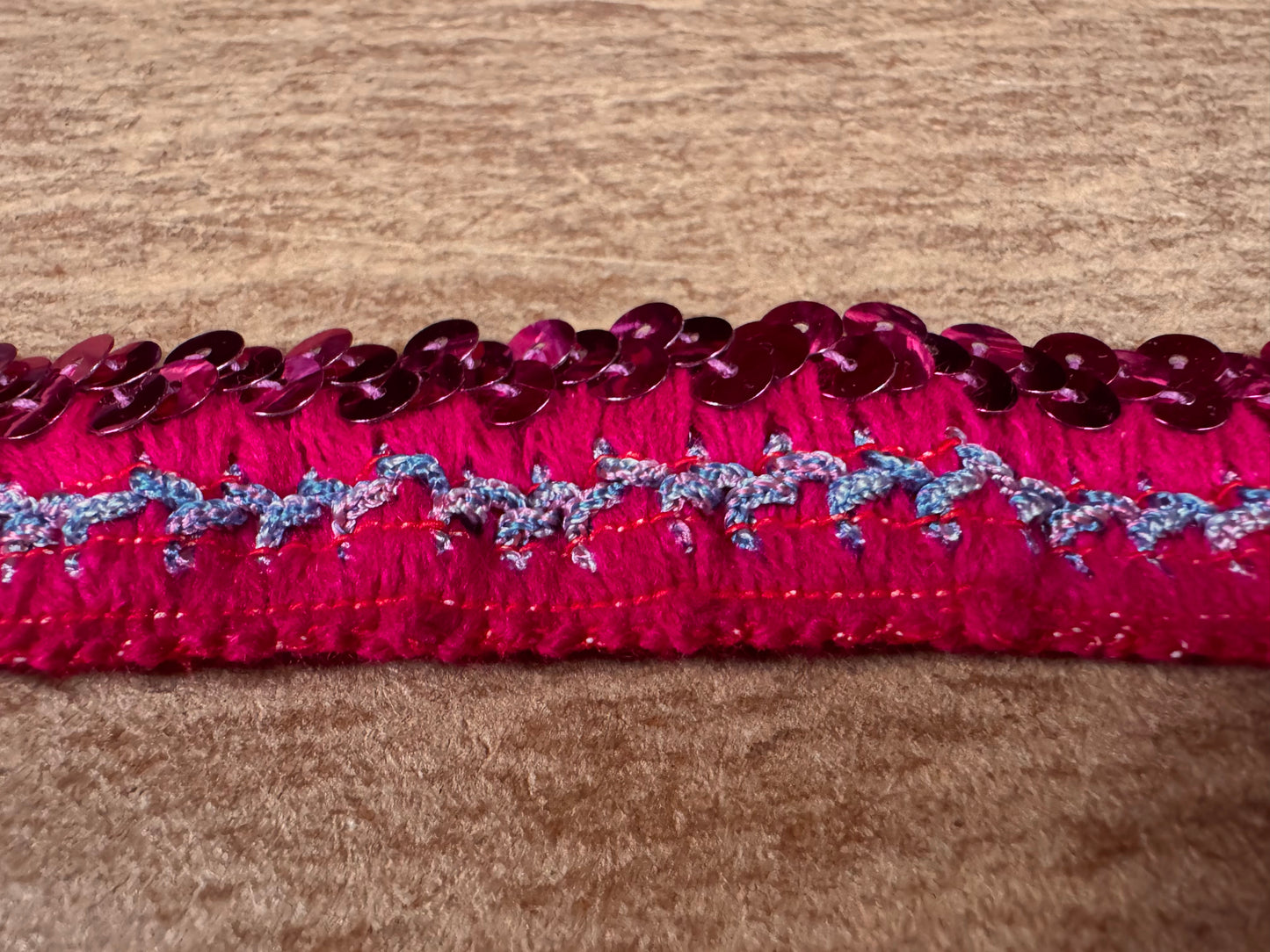 Stretch embroidered edging trim fabric with sequins, per metre - fuchsia