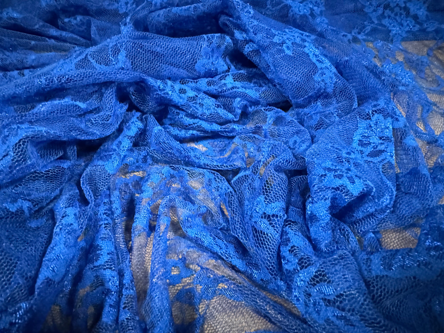 Stretch spandex mesh lace net fabric, per metre - floral pattern - electric blue