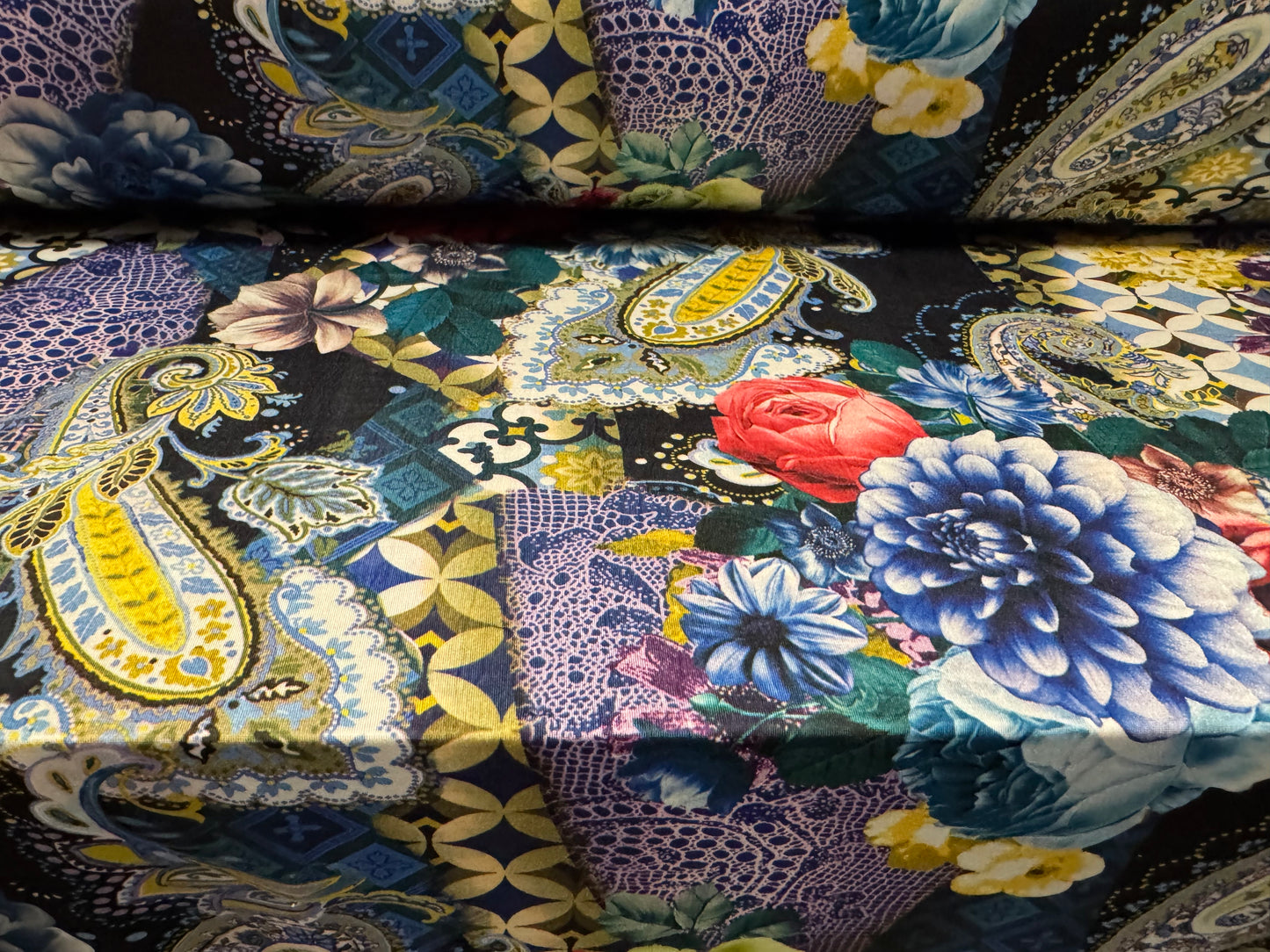 Soft touch stretch spandex single jersey fabric, per metre - paisley rose print - multicolour