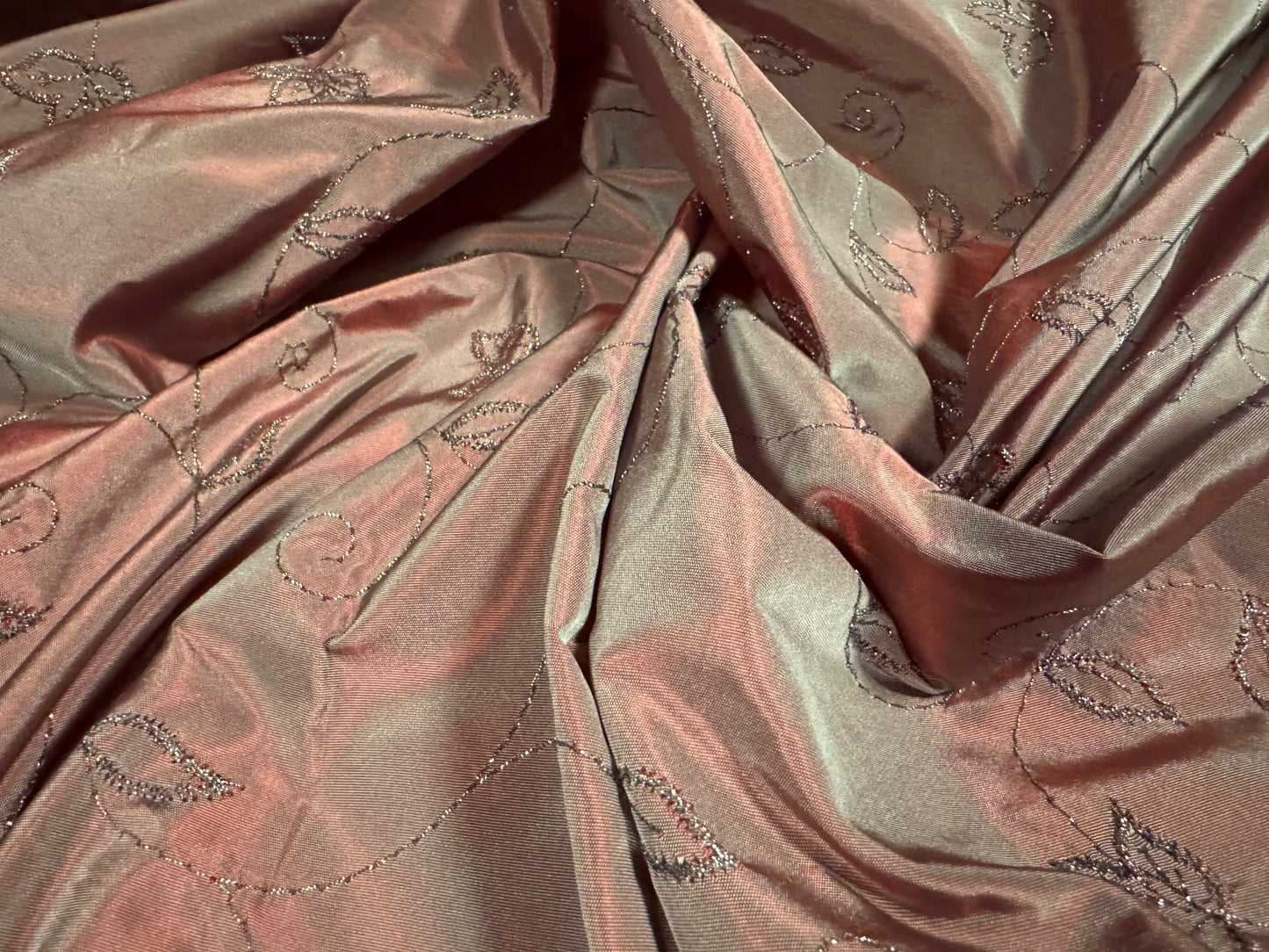 Taffeta faux silk fabric, per metre - metallic leaf embroidery - frosted mauve & silver