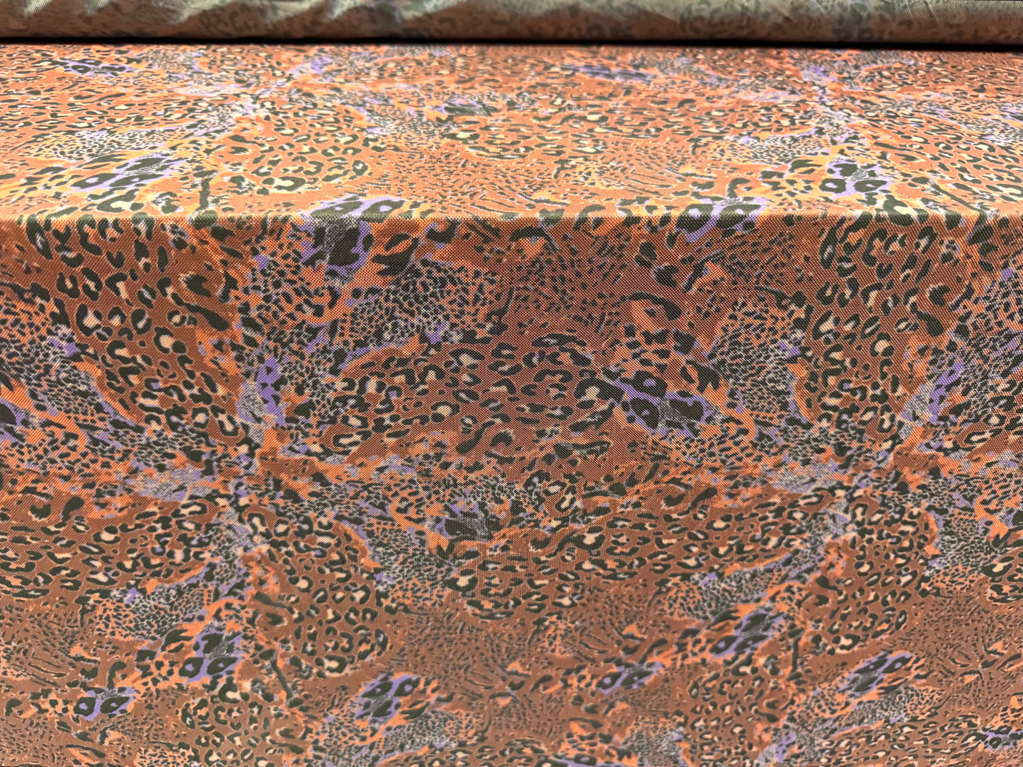 Power mesh net stretch spandex fabric, per metre - stylised leopard print - terracotta & lilac