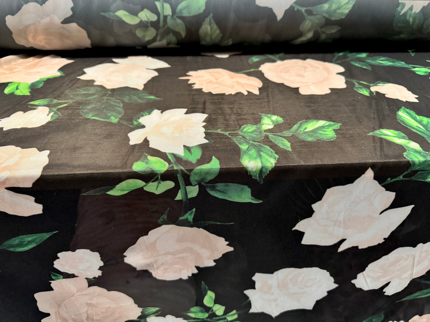 Power mesh net stretch spandex fabric, per metre - Large rose flower print - black & blush