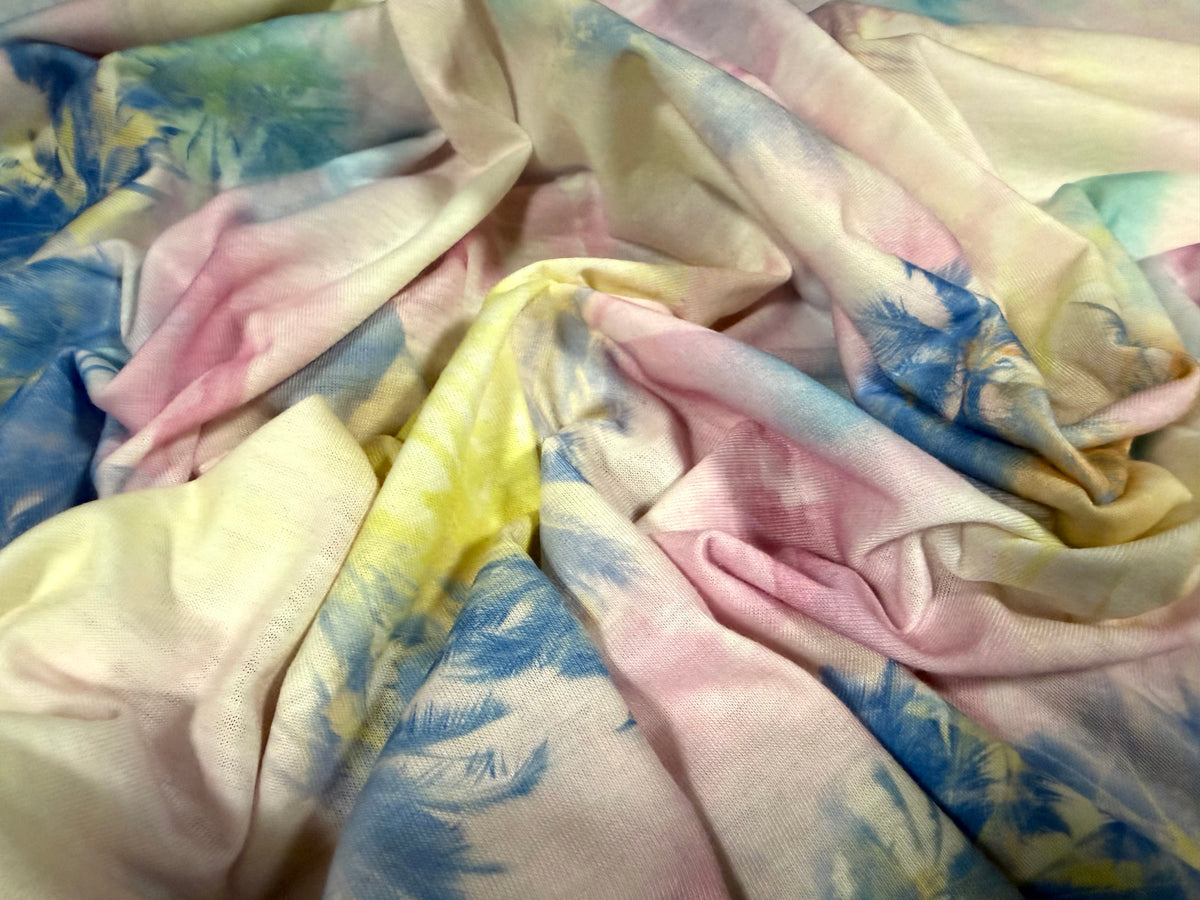 Soft handle stretch single jersey fabric, per metre - Hawaiian palm trees print - pastels