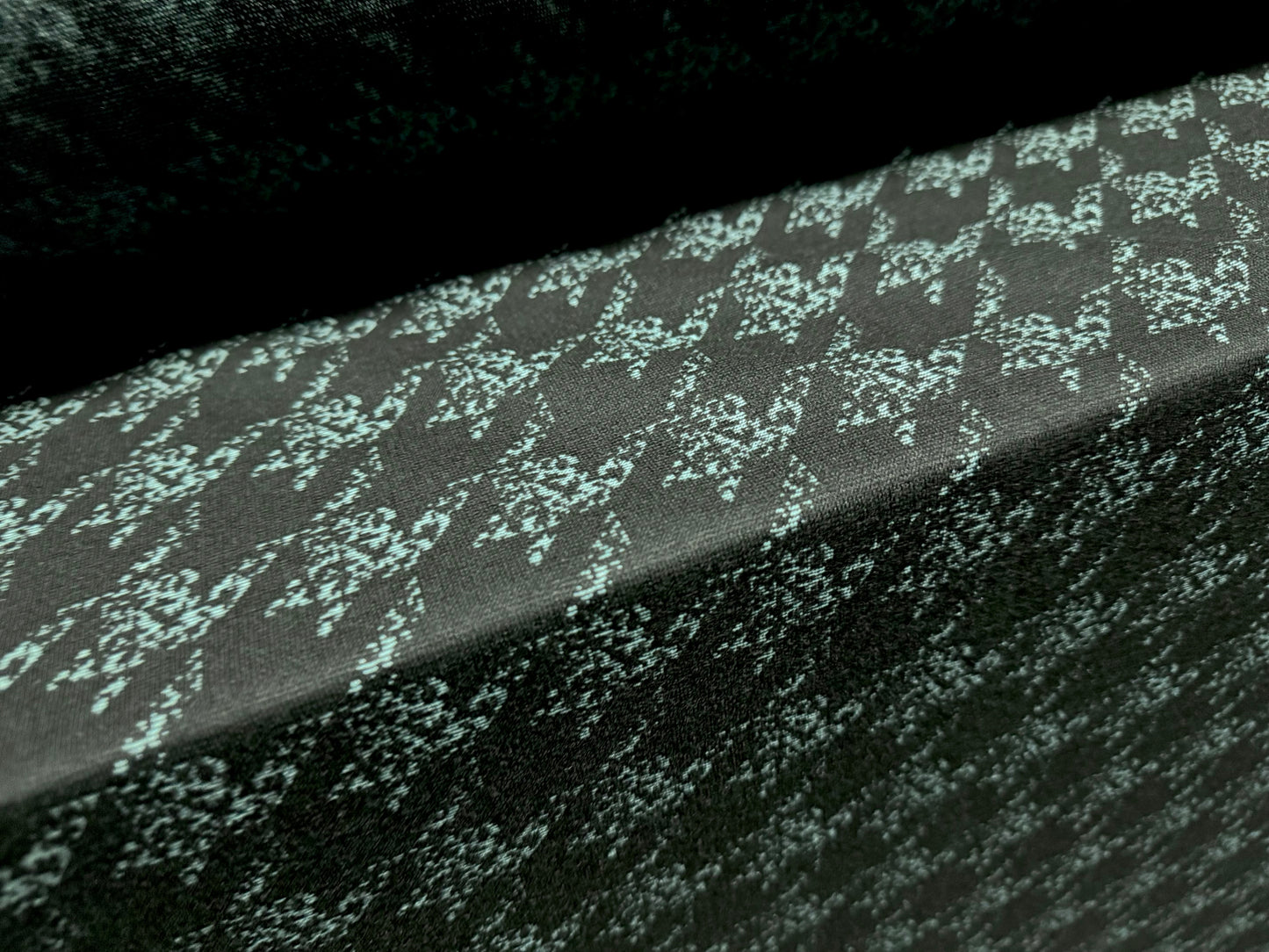 Stretch double jersey fabric, per metre - houndstooth check jacquard - black & teal